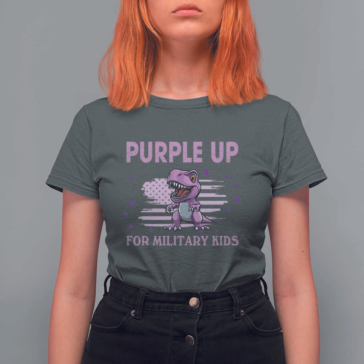 Purple Up For Military Kids T Shirt For Women Military Child Month Dinosaur American Flag
