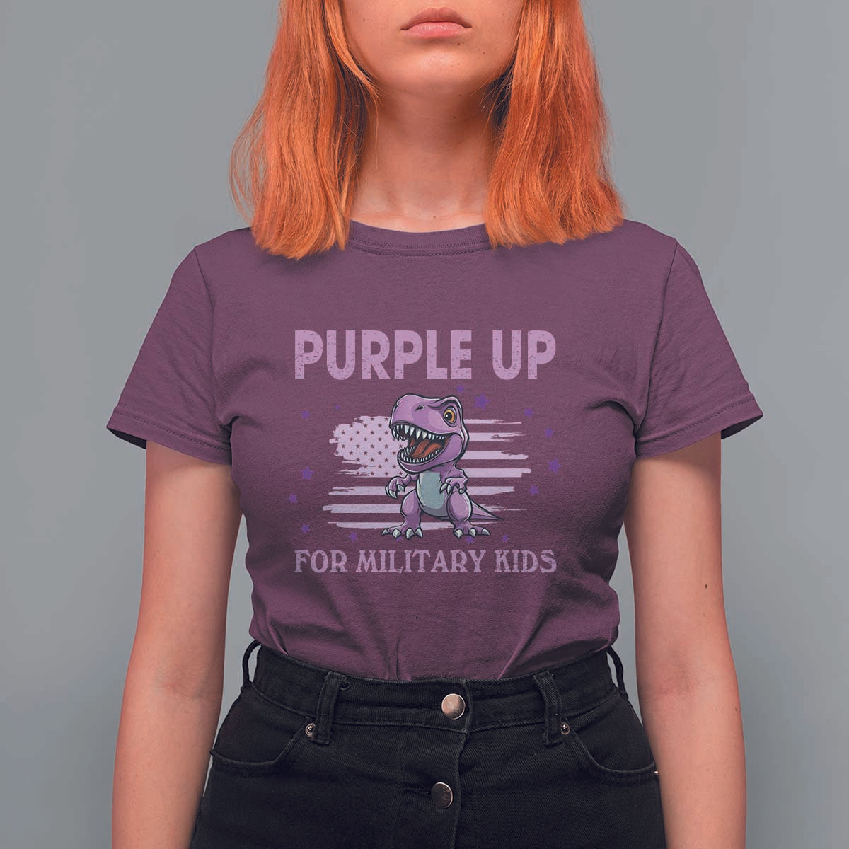 Purple Up For Military Kids T Shirt For Women Military Child Month Dinosaur American Flag