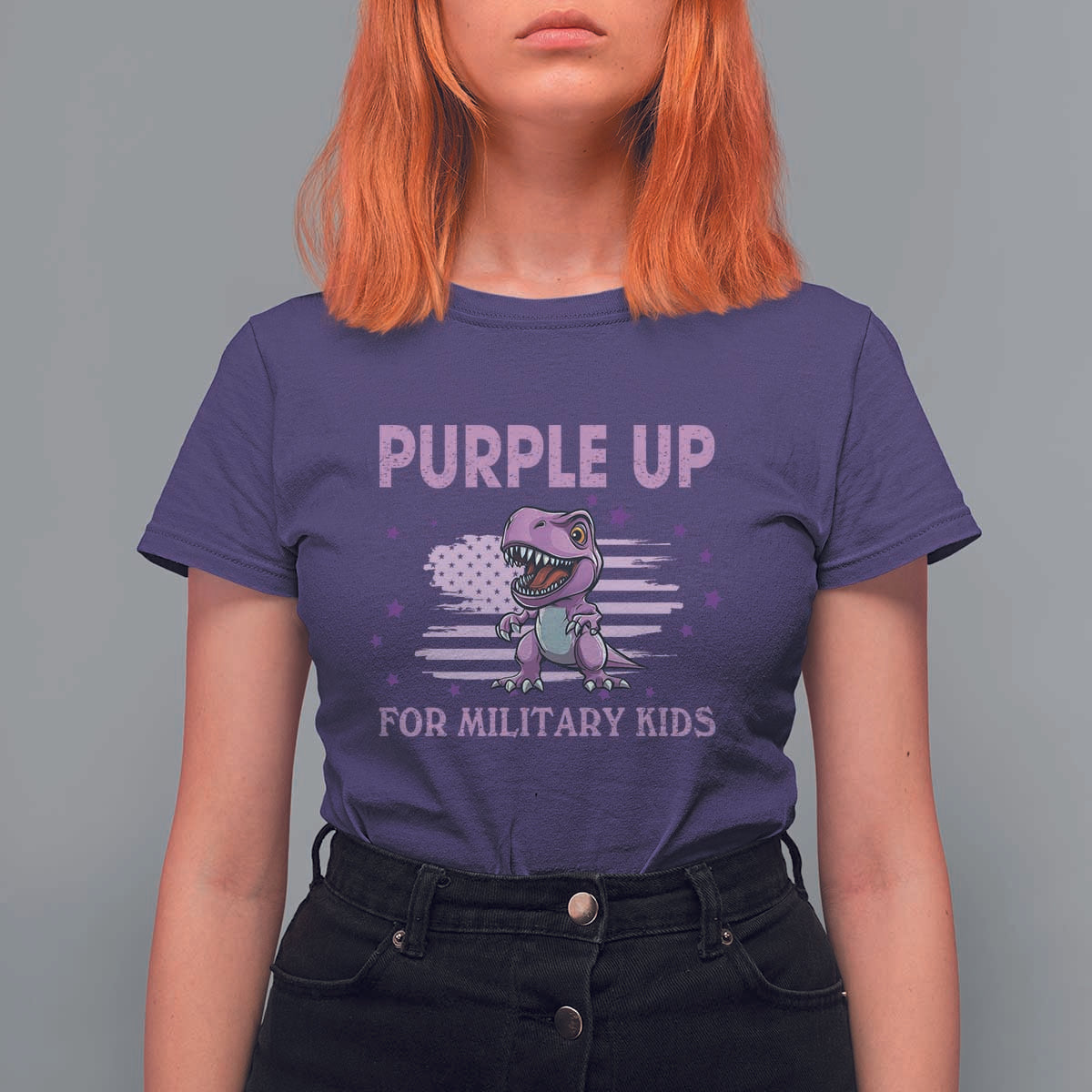 Purple Up For Military Kids T Shirt For Women Military Child Month Dinosaur American Flag