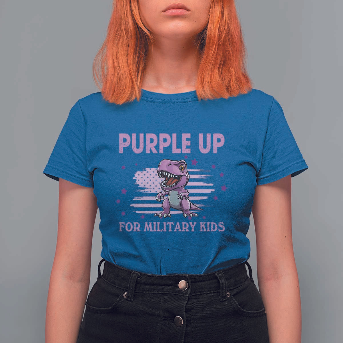 Purple Up For Military Kids T Shirt For Women Military Child Month Dinosaur American Flag