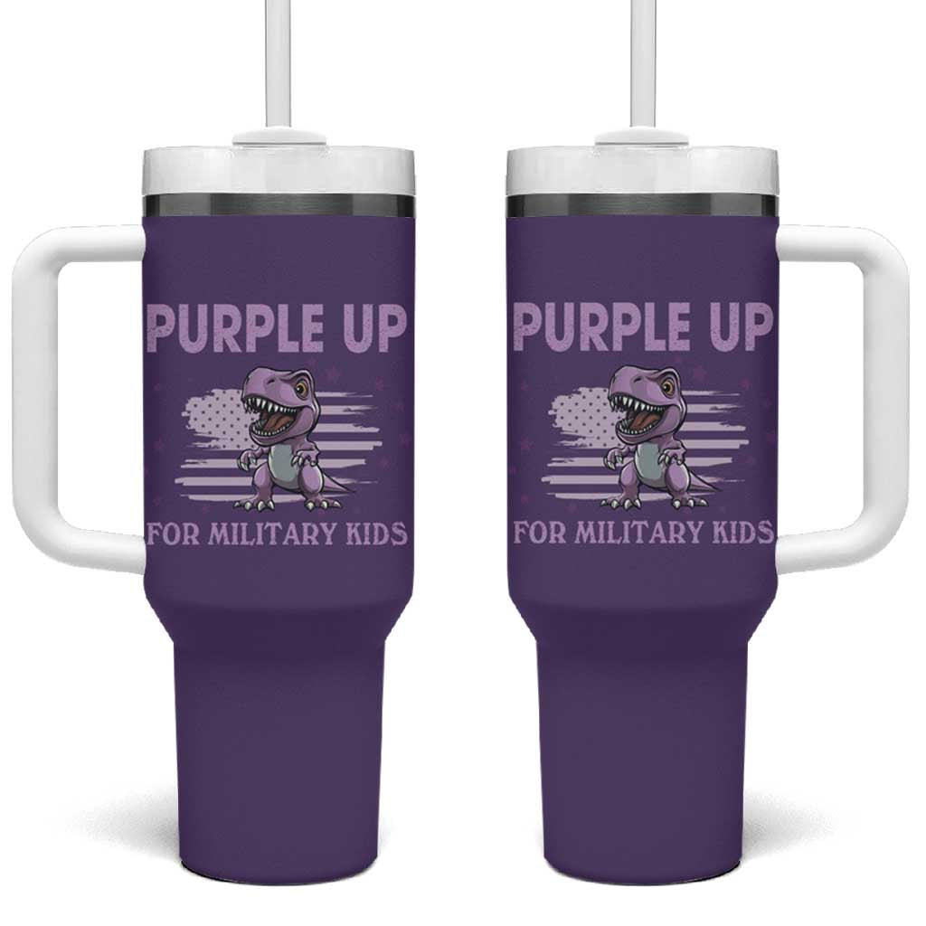 Purple Up For Military Kids Tumbler With Handle Military Child Month Dinosaur American Flag