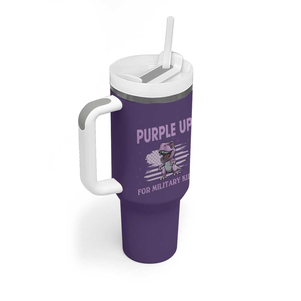 Purple Up For Military Kids Tumbler With Handle Military Child Month Dinosaur American Flag