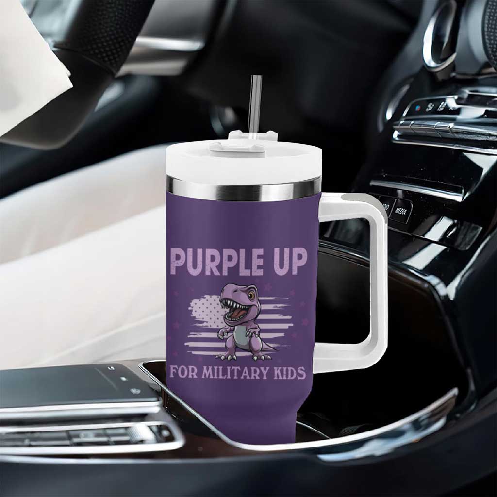 Purple Up For Military Kids Tumbler With Handle Military Child Month Dinosaur American Flag