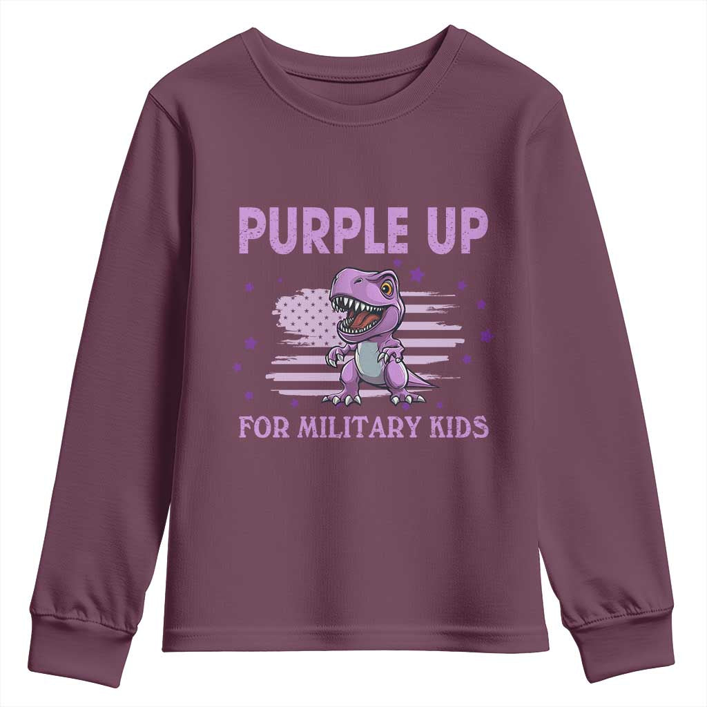 Purple Up For Military Kids Youth Sweatshirt Military Child Month Dinosaur American Flag