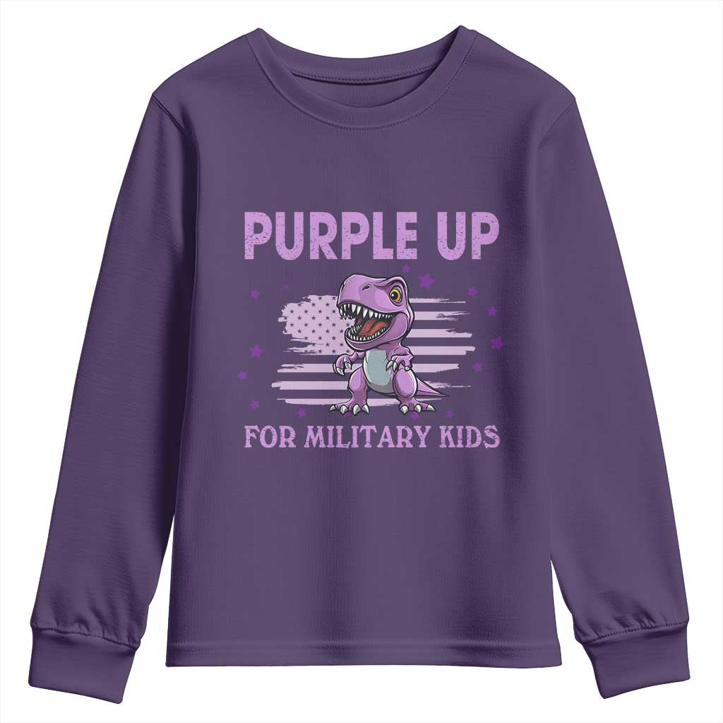 Purple Up For Military Kids Youth Sweatshirt Military Child Month Dinosaur American Flag