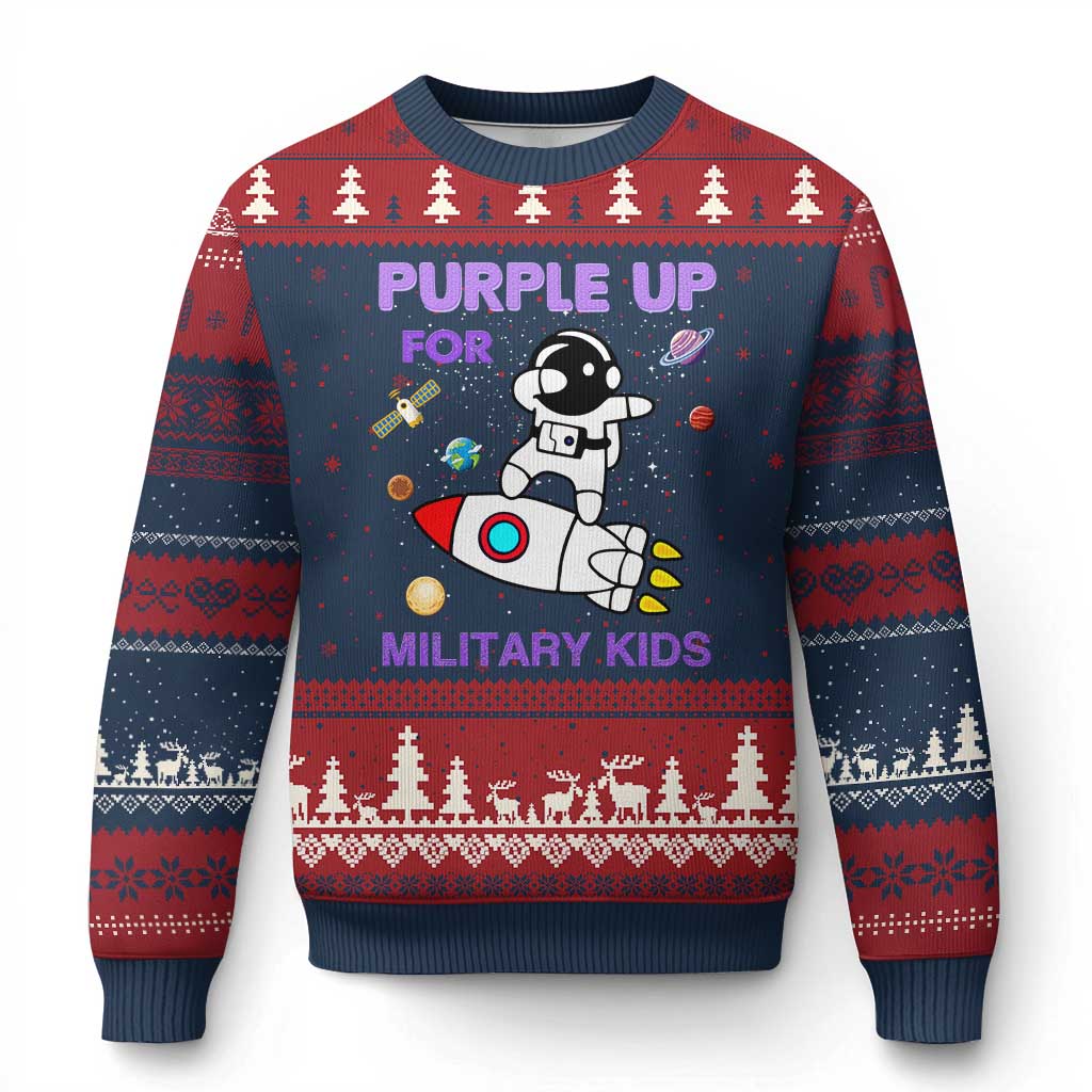 Purple Up For Military Kids Ugly Christmas Sweater Military Child Month Astronaut Outer Space - Wonder Print Shop