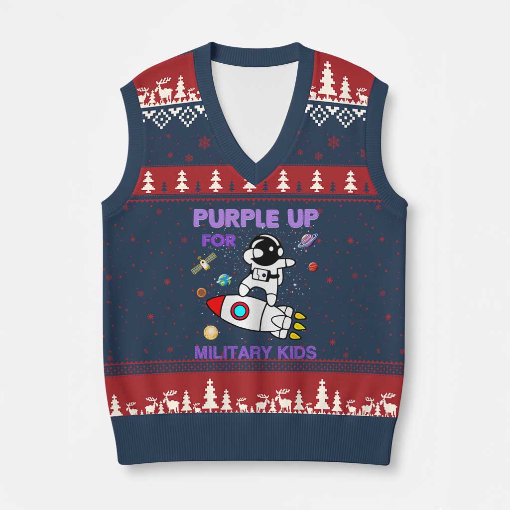 Purple Up For Military Kids V-Neck Knit Sweater Vest Military Child Month Astronaut Outer Space - Wonder Print Shop