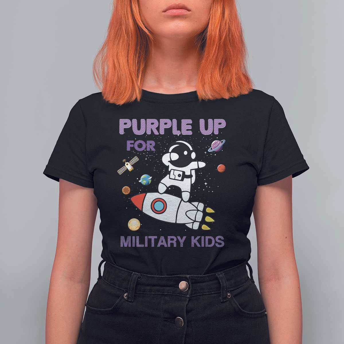 Purple Up For Military Kids T Shirt For Women Military Child Month Astronaut Outer Space
