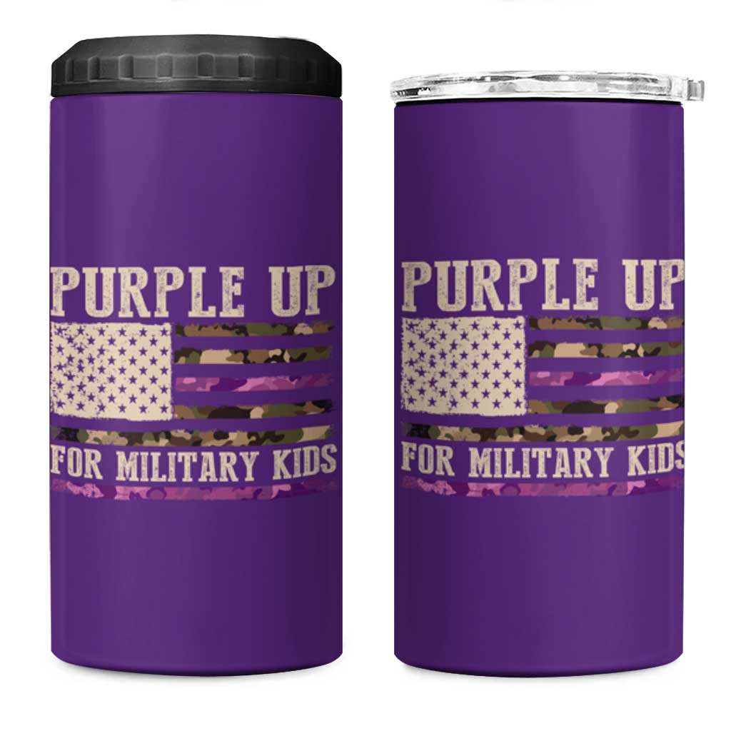 Purple Up For Military Kids 4 in 1 Can Cooler Tumbler Military Child Month USA Flag Camouflage