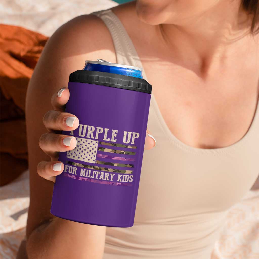 Purple Up For Military Kids 4 in 1 Can Cooler Tumbler Military Child Month USA Flag Camouflage