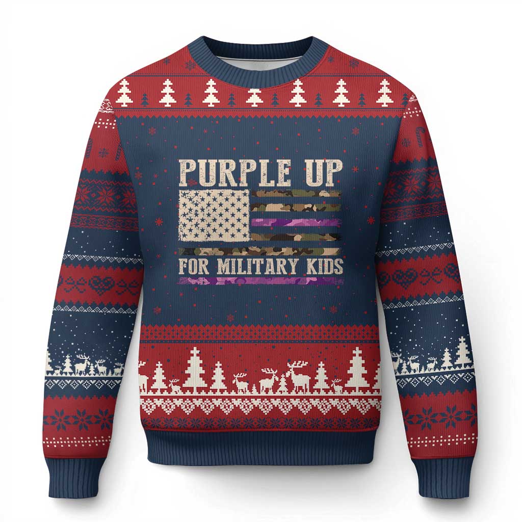 Purple Up For Military Kids Ugly Christmas Sweater Military Child Month USA Flag Camouflage - Wonder Print Shop