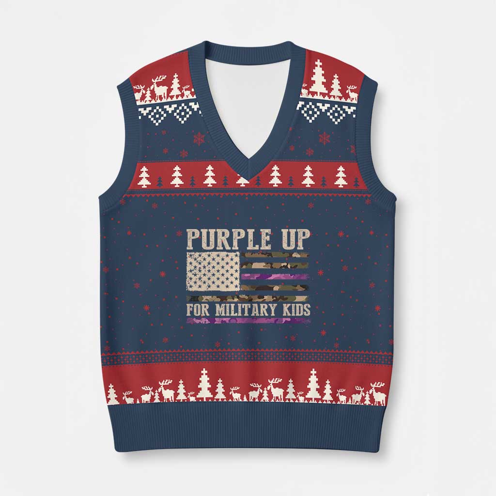 Purple Up For Military Kids V-Neck Knit Sweater Vest Military Child Month USA Flag Camouflage - Wonder Print Shop