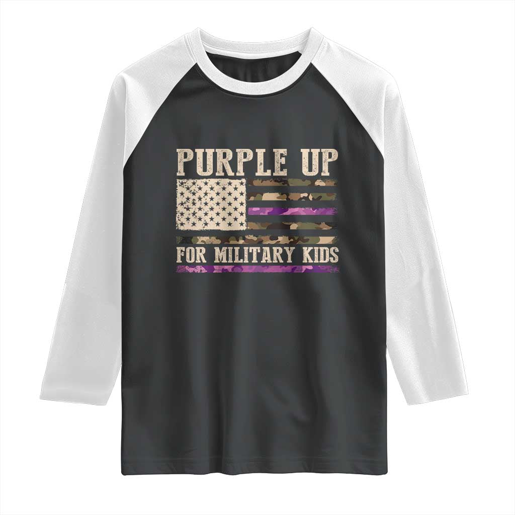 Purple Up For Military Kids Raglan Shirt Military Child Month USA Flag Camouflage