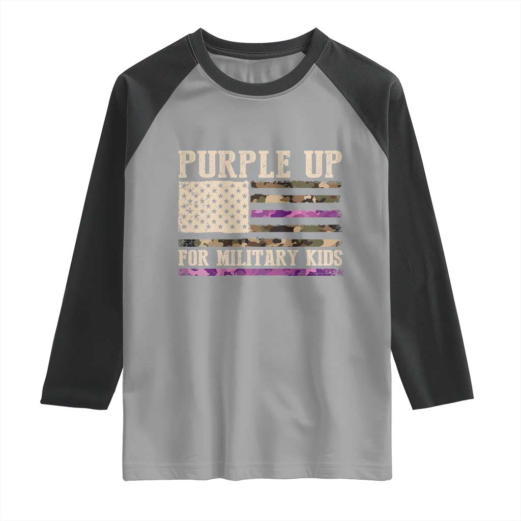 Purple Up For Military Kids Raglan Shirt Military Child Month USA Flag Camouflage