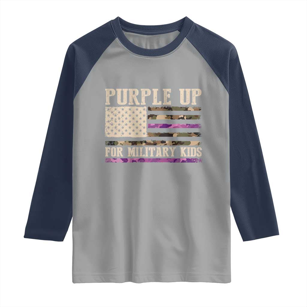 Purple Up For Military Kids Raglan Shirt Military Child Month USA Flag Camouflage