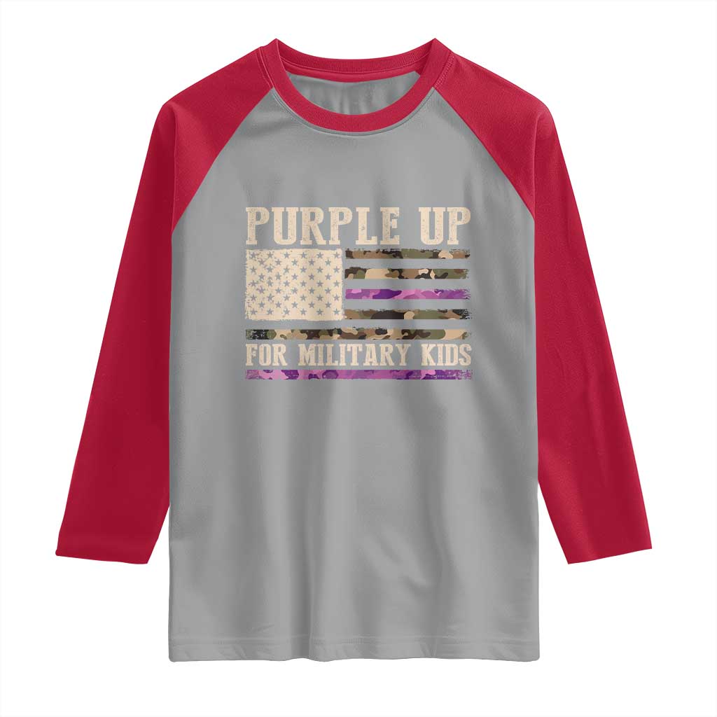 Purple Up For Military Kids Raglan Shirt Military Child Month USA Flag Camouflage