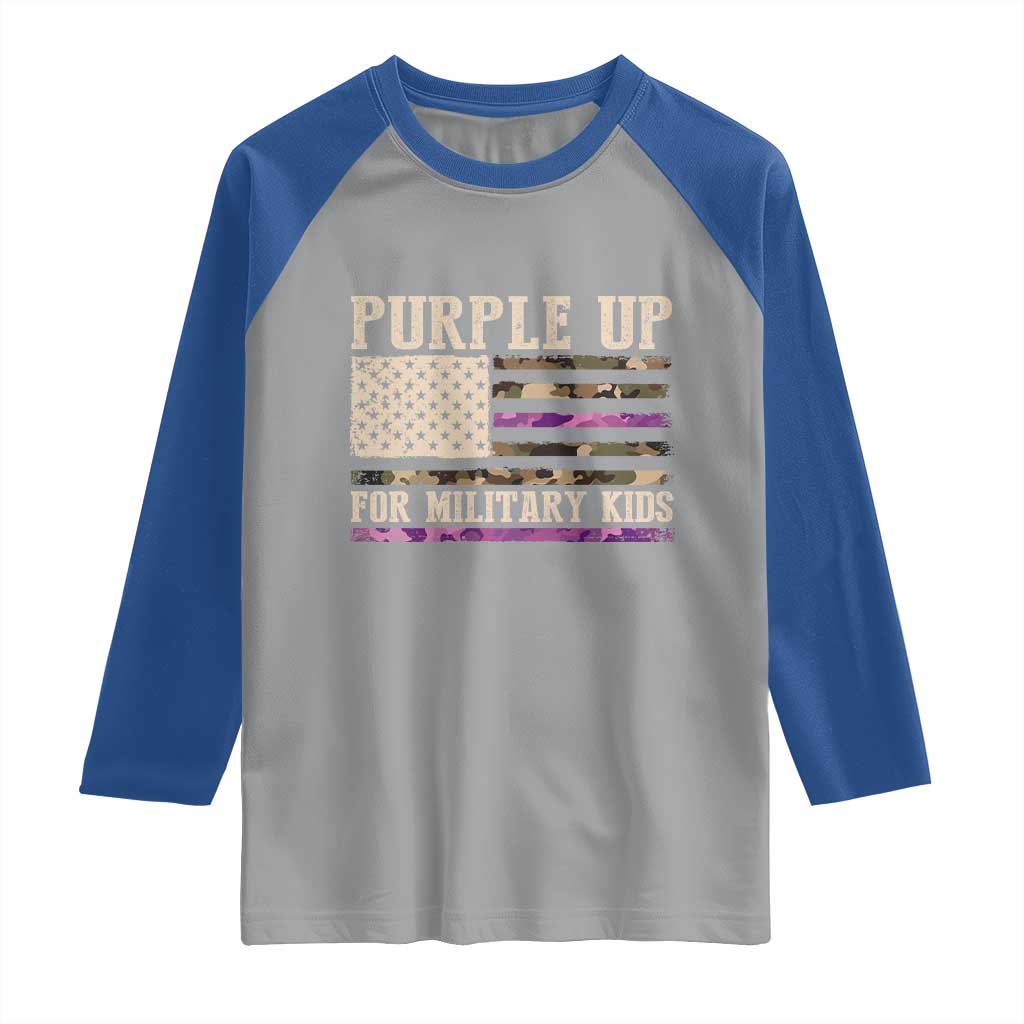 Purple Up For Military Kids Raglan Shirt Military Child Month USA Flag Camouflage