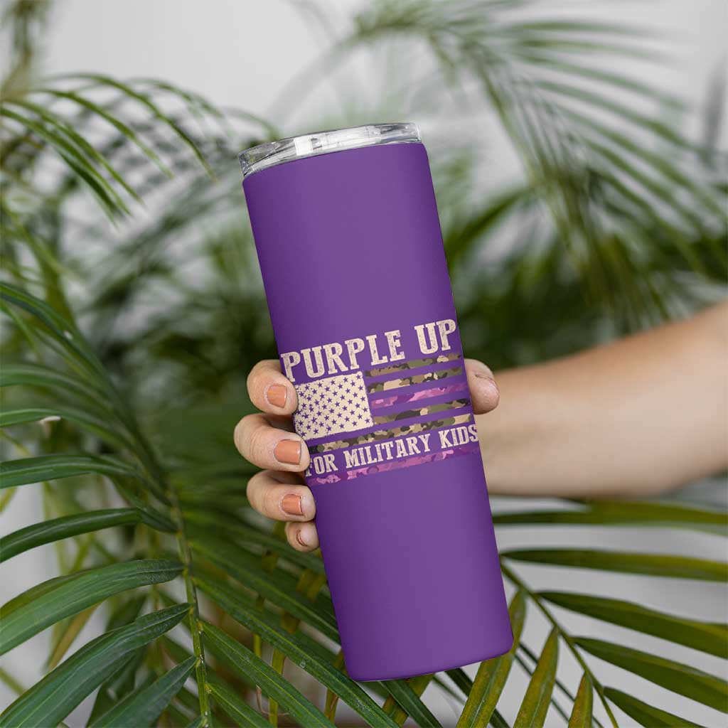 Purple Up For Military Kids Skinny Tumbler Military Child Month USA Flag Camouflage