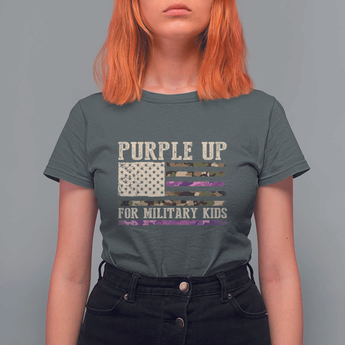 Purple Up For Military Kids T Shirt For Women Military Child Month USA Flag Camouflage
