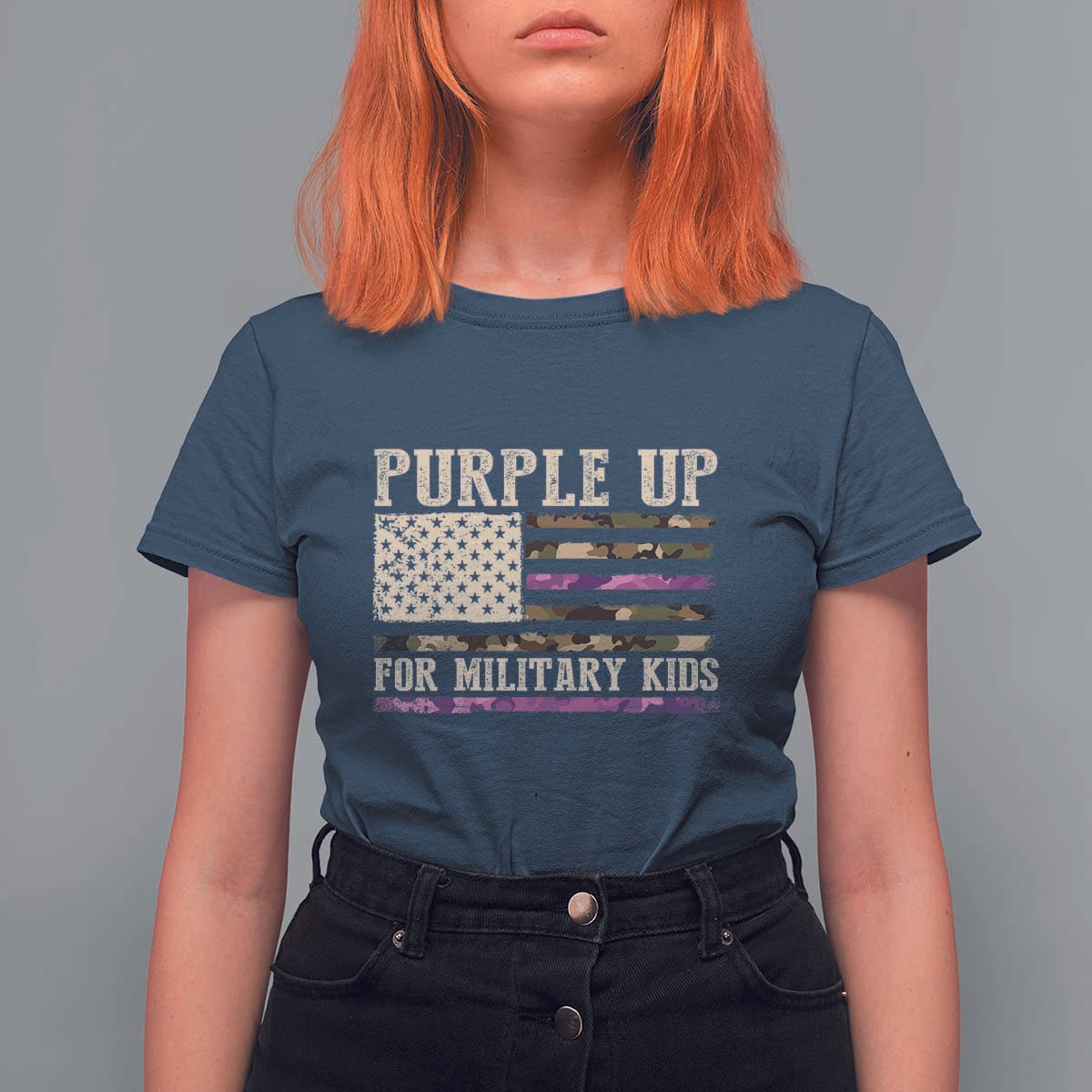 Purple Up For Military Kids T Shirt For Women Military Child Month USA Flag Camouflage