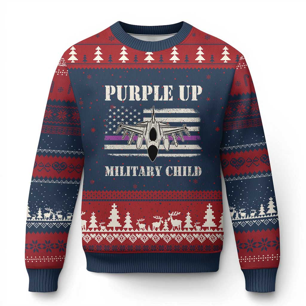 Purple Up For Military Kids Ugly Christmas Sweater Month of Military Child Kids Air Force US Flag - Wonder Print Shop