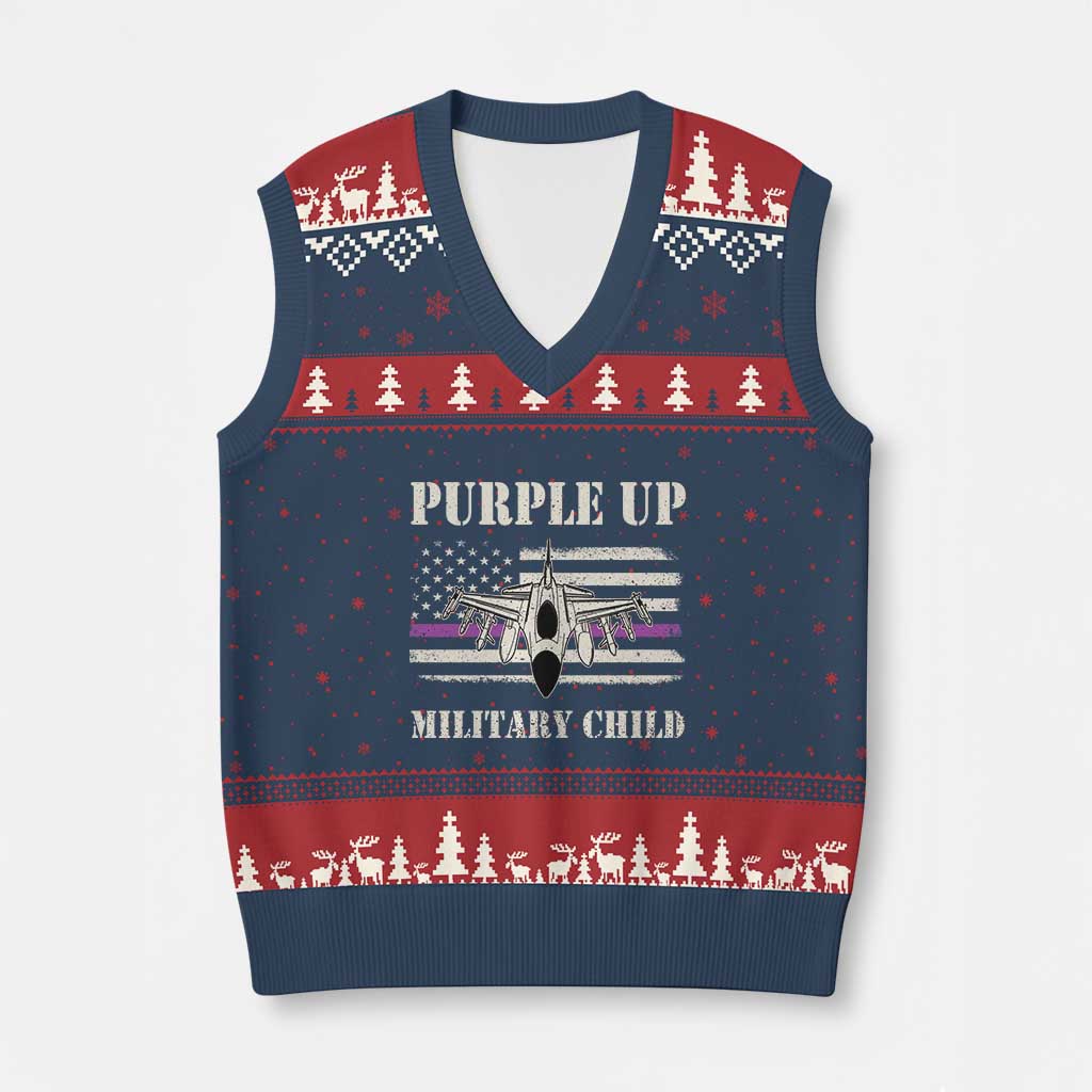 Purple Up For Military Kids V-Neck Knit Sweater Vest Month of Military Child Kids Air Force US Flag - Wonder Print Shop