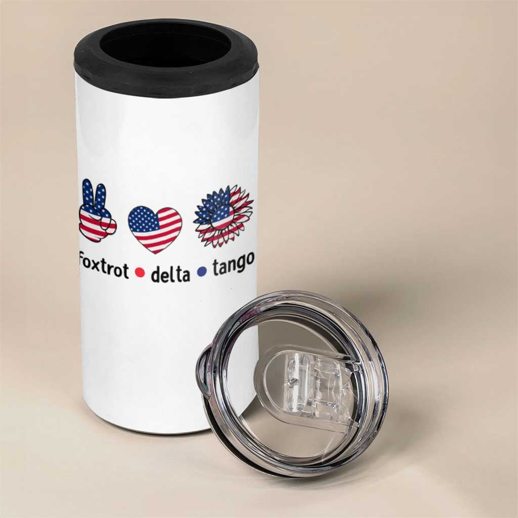 Funny Foxtrots Delta Tangos 4 in 1 Can Cooler Tumbler American Flag Peace Sign Heart Sunflower