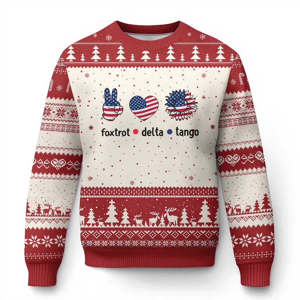Funny Foxtrots Delta Tangos Ugly Christmas Sweater American Flag Peace Sign Heart Sunflower - Wonder Print Shop