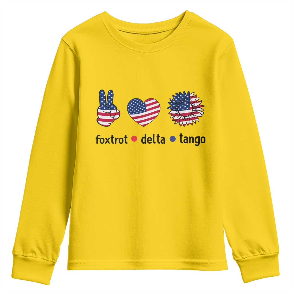 Funny Foxtrots Delta Tangos Youth Sweatshirt American Flag Peace Sign Heart Sunflower