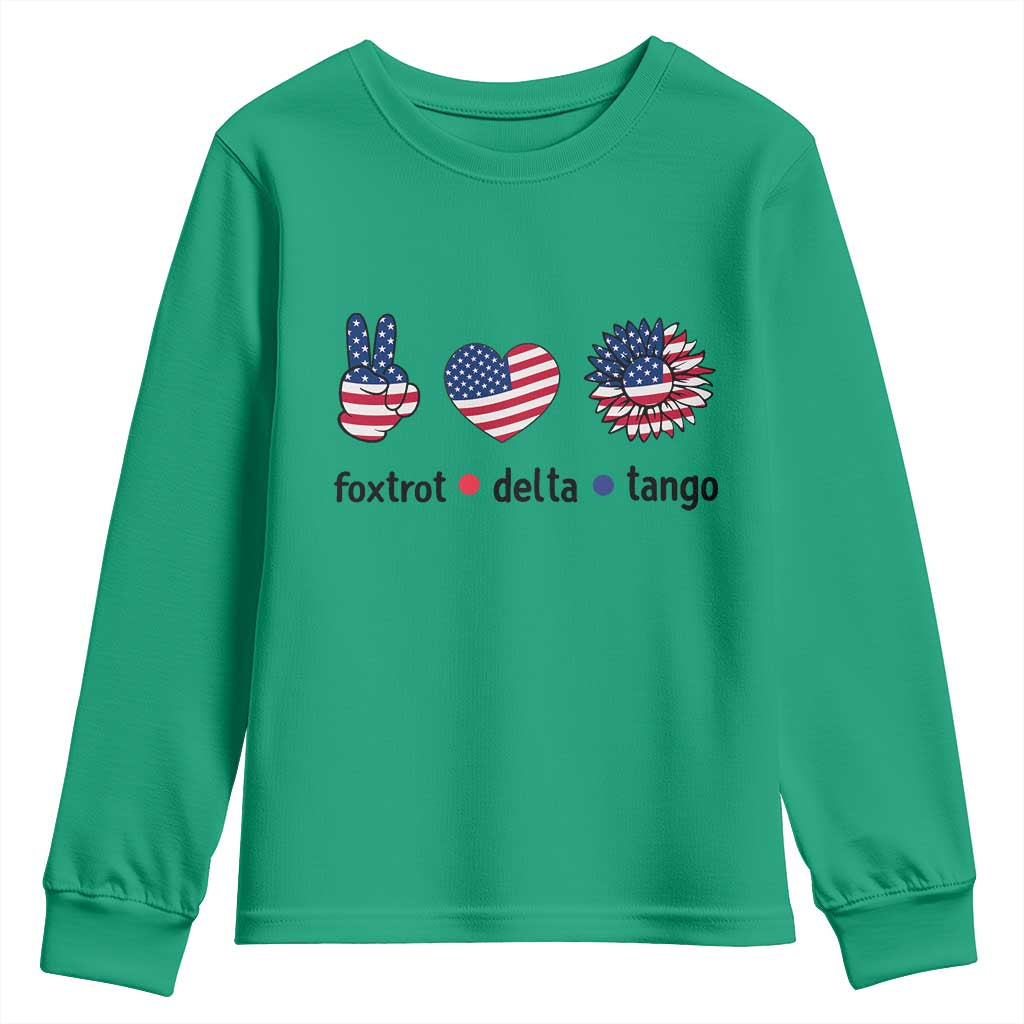 Funny Foxtrots Delta Tangos Youth Sweatshirt American Flag Peace Sign Heart Sunflower