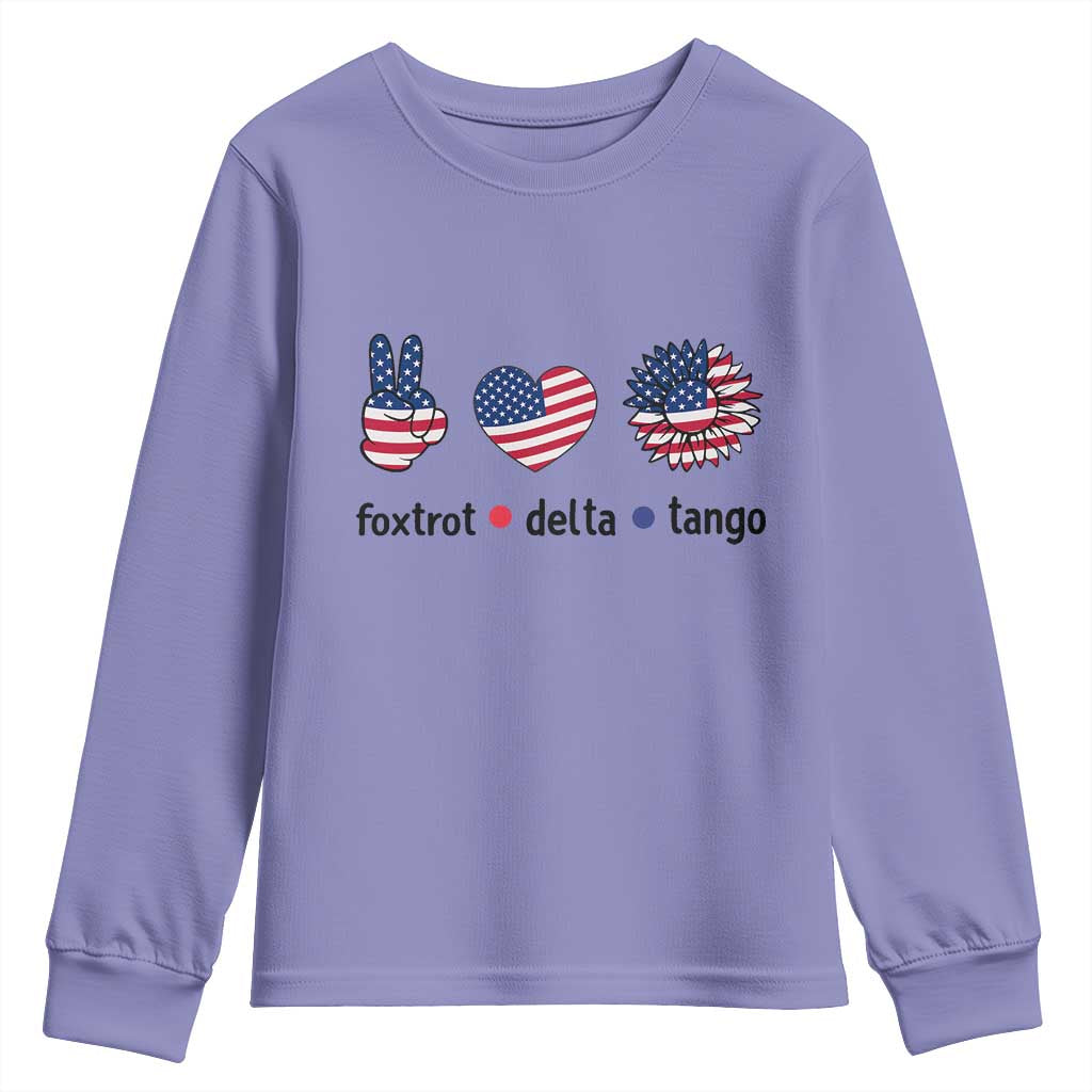 Funny Foxtrots Delta Tangos Youth Sweatshirt American Flag Peace Sign Heart Sunflower