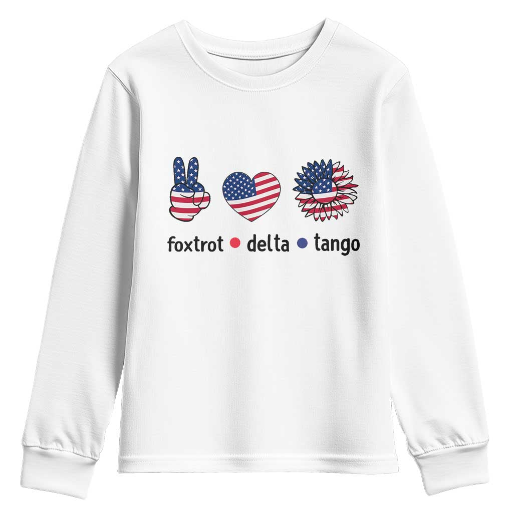 Funny Foxtrots Delta Tangos Youth Sweatshirt American Flag Peace Sign Heart Sunflower