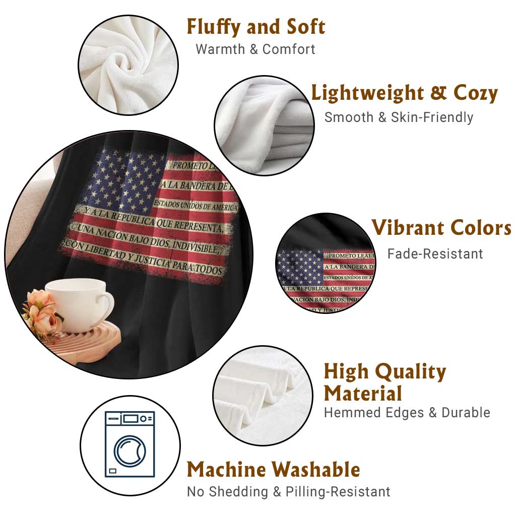 Spanish Pledge of Allegiance USA Flag Vintage Patriotic Graphic Throw Blanket American Patriot Promesa de Lealtad