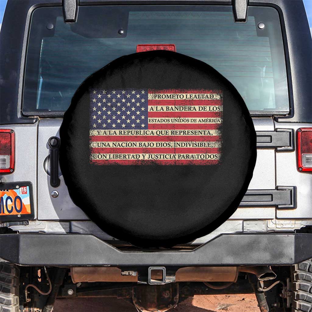 Spanish Pledge of Allegiance USA Flag Vintage Patriotic Graphic Spare Tire Cover American Patriot Promesa de Lealtad