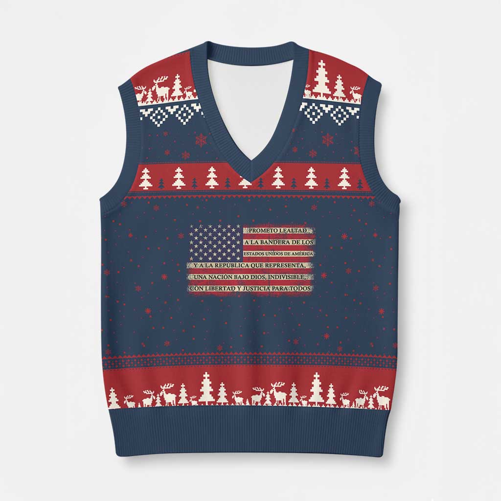 Spanish Pledge of Allegiance USA Flag Vintage Patriotic Graphic V-Neck Knit Sweater Vest American Patriot Promesa de Lealtad