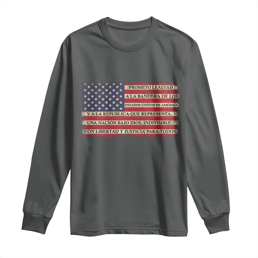 Spanish Pledge of Allegiance USA Flag Vintage Patriotic Graphic Long Sleeve Shirt American Patriot Promesa de Lealtad