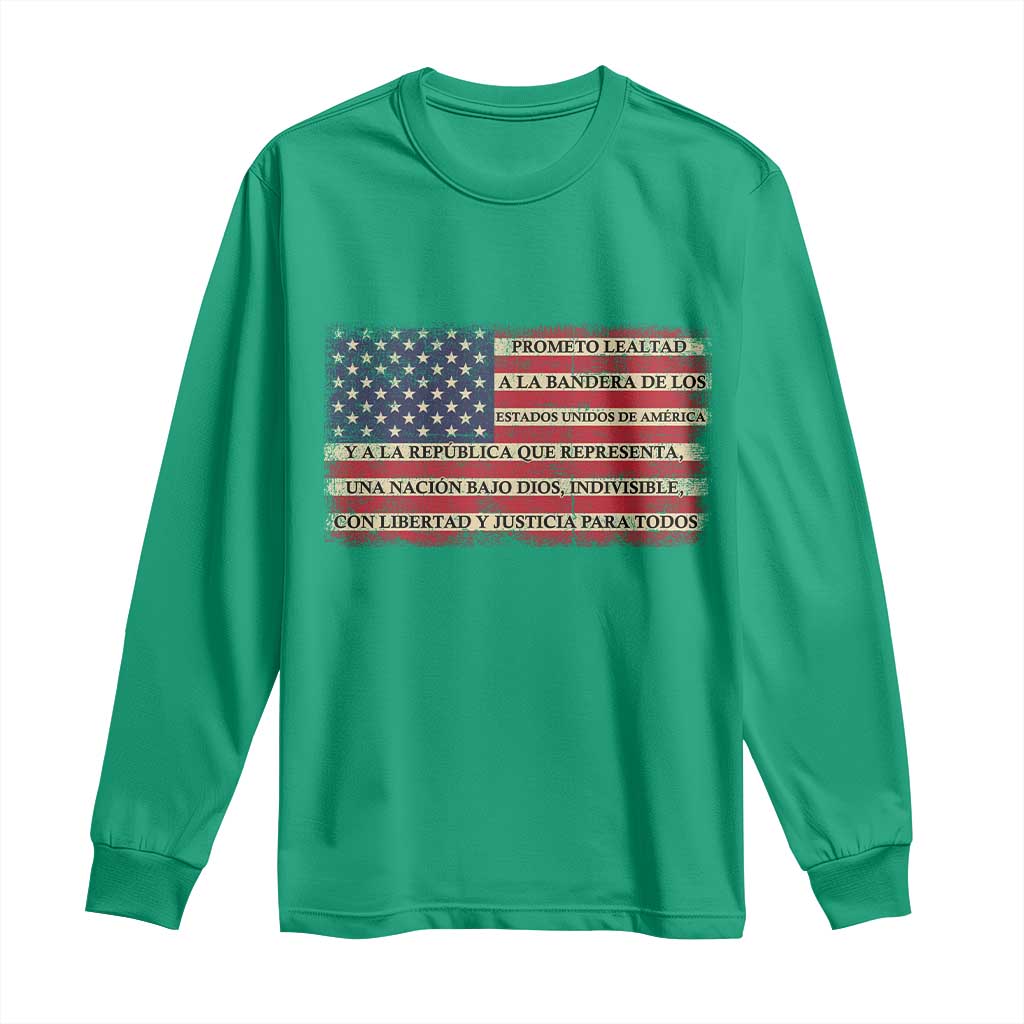 Spanish Pledge of Allegiance USA Flag Vintage Patriotic Graphic Long Sleeve Shirt American Patriot Promesa de Lealtad