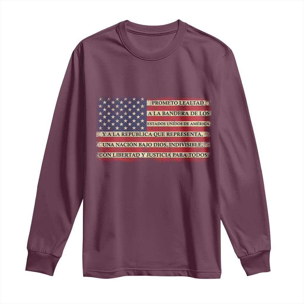 Spanish Pledge of Allegiance USA Flag Vintage Patriotic Graphic Long Sleeve Shirt American Patriot Promesa de Lealtad