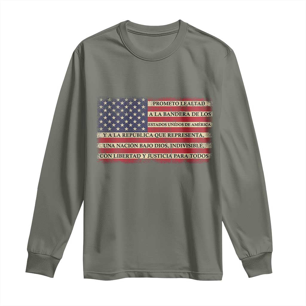 Spanish Pledge of Allegiance USA Flag Vintage Patriotic Graphic Long Sleeve Shirt American Patriot Promesa de Lealtad
