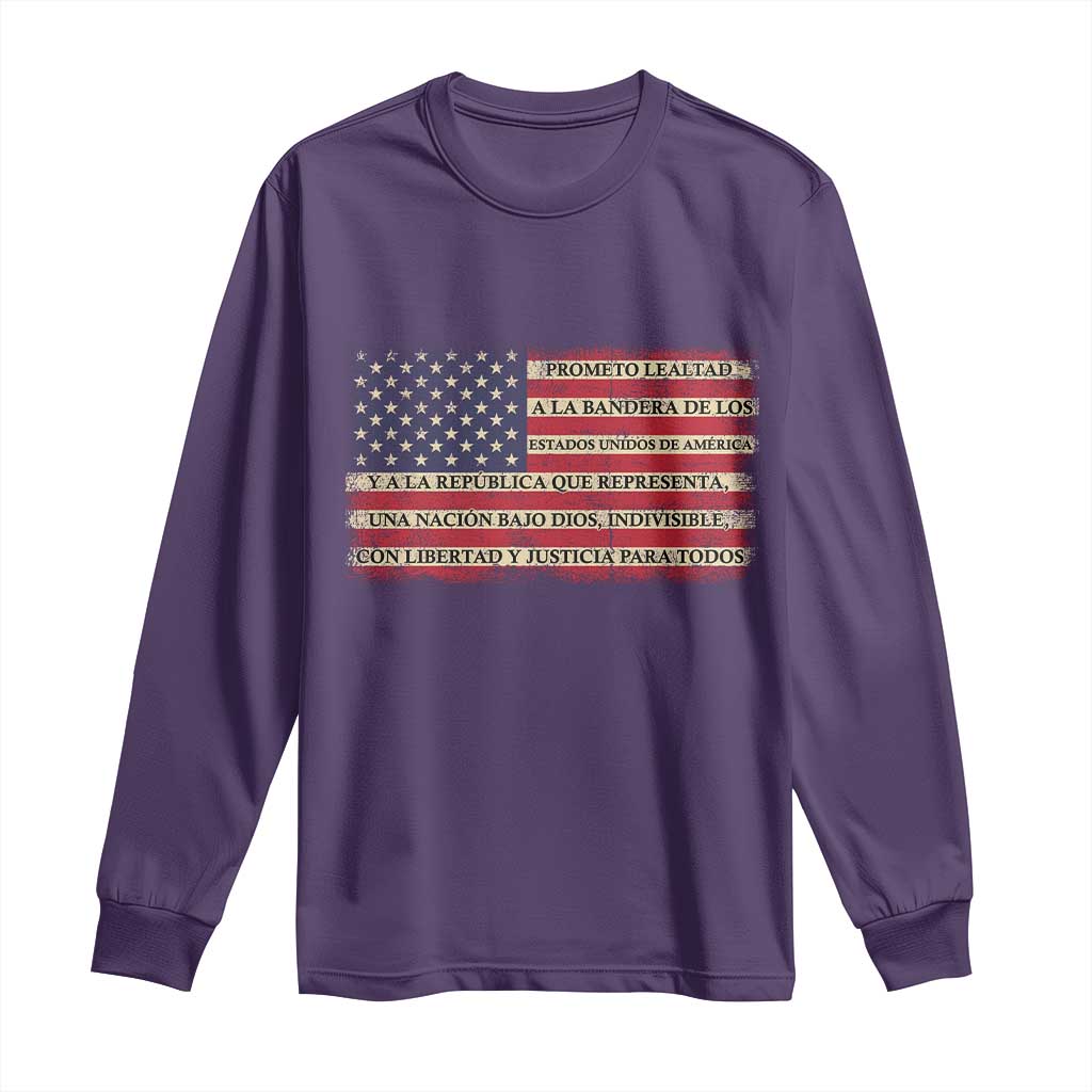 Spanish Pledge of Allegiance USA Flag Vintage Patriotic Graphic Long Sleeve Shirt American Patriot Promesa de Lealtad