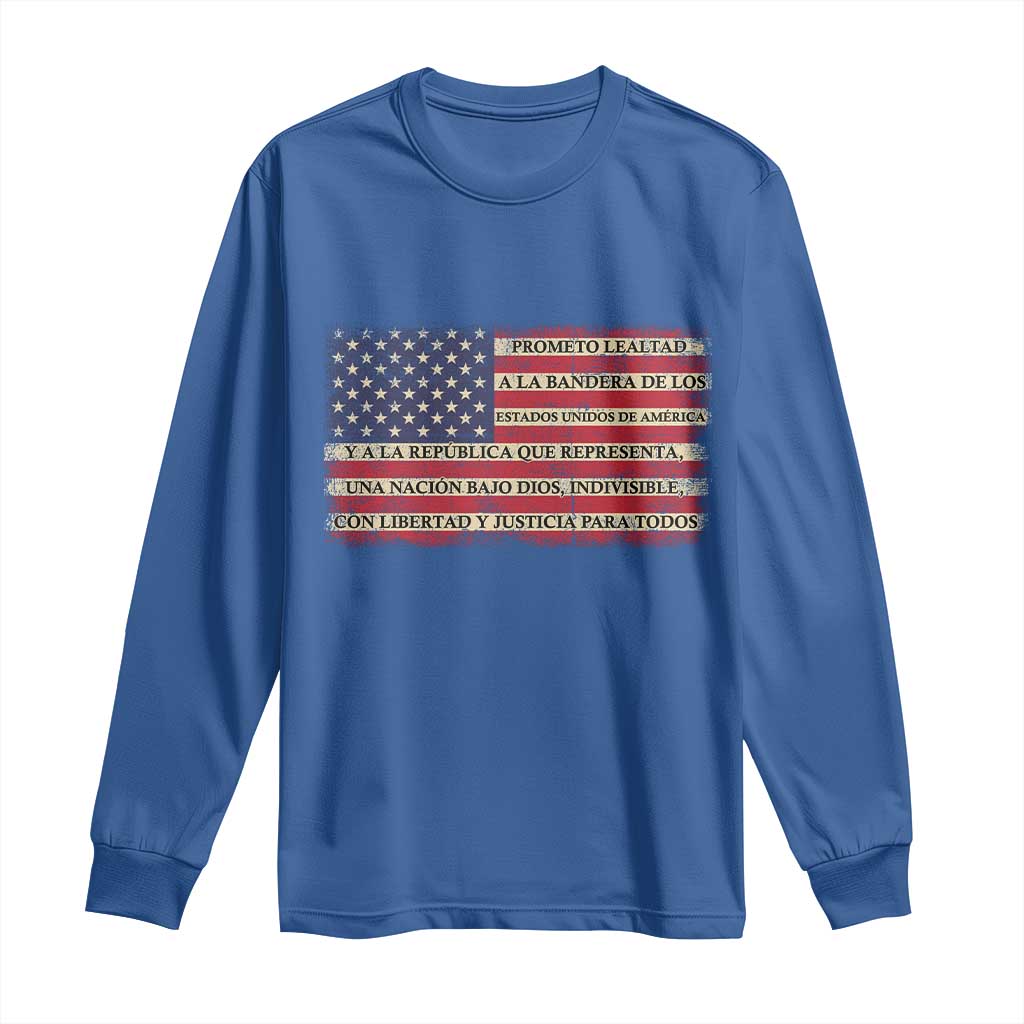 Spanish Pledge of Allegiance USA Flag Vintage Patriotic Graphic Long Sleeve Shirt American Patriot Promesa de Lealtad