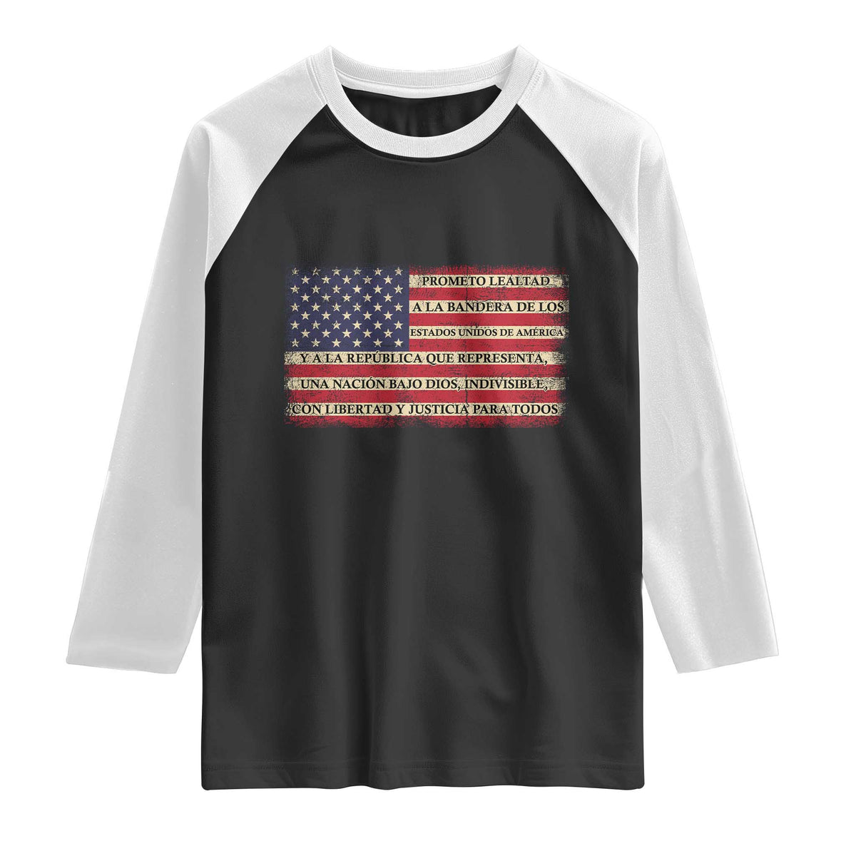 Spanish Pledge of Allegiance USA Flag Vintage Patriotic Graphic Raglan Shirt American Patriot Promesa de Lealtad