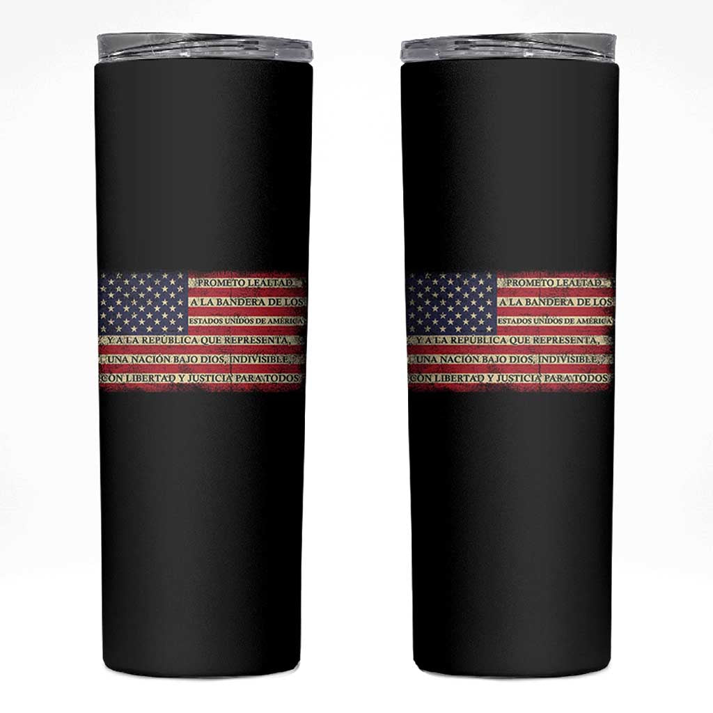 Spanish Pledge of Allegiance USA Flag Vintage Patriotic Graphic Skinny Tumbler American Patriot Promesa de Lealtad