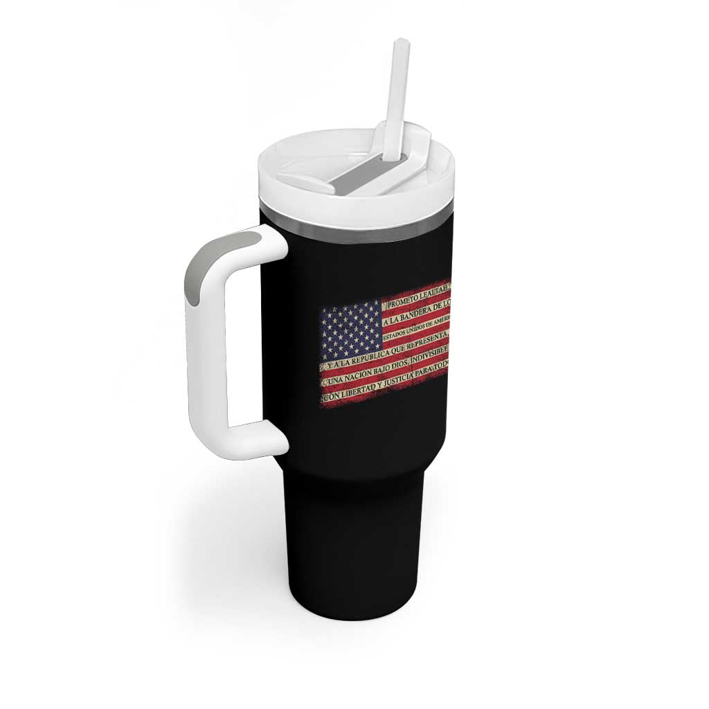 Spanish Pledge of Allegiance USA Flag Vintage Patriotic Graphic Tumbler With Handle American Patriot Promesa de Lealtad