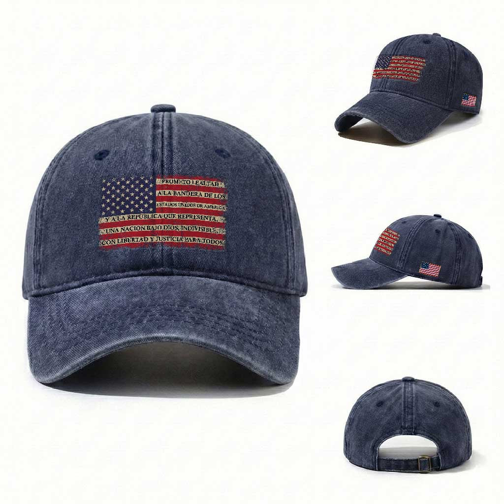 Spanish Pledge of Allegiance USA Flag Vintage Patriotic Graphic Washed Cotton Baseball Cap American Patriot Promesa de Lealtad