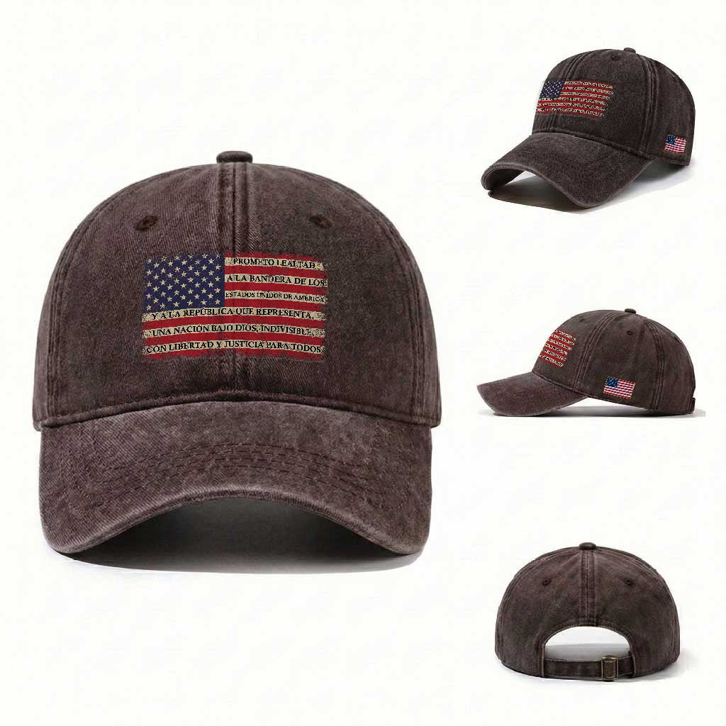 Spanish Pledge of Allegiance USA Flag Vintage Patriotic Graphic Washed Cotton Baseball Cap American Patriot Promesa de Lealtad