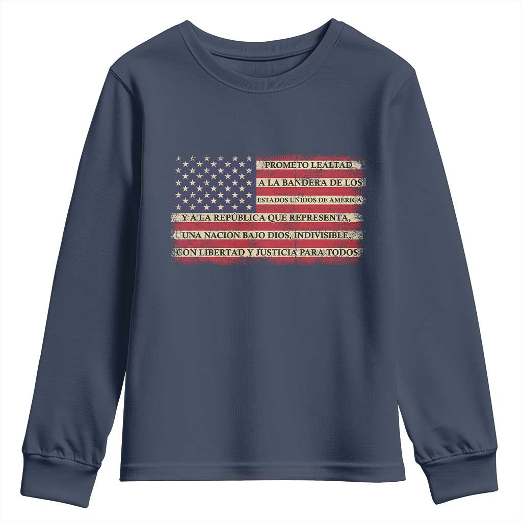 Spanish Pledge of Allegiance USA Flag Vintage Patriotic Graphic Youth Sweatshirt American Patriot Promesa de Lealtad