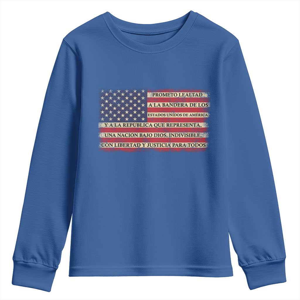 Spanish Pledge of Allegiance USA Flag Vintage Patriotic Graphic Youth Sweatshirt American Patriot Promesa de Lealtad