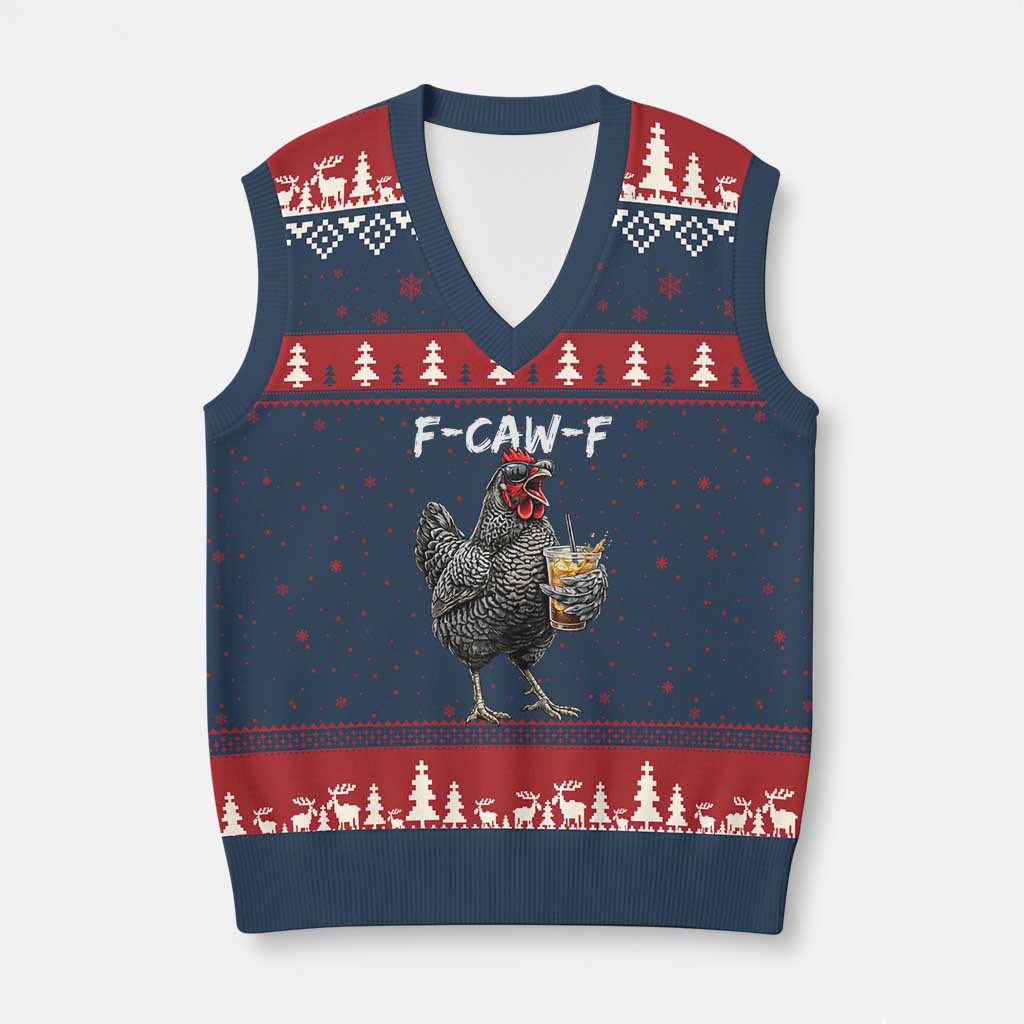 F-CAW-F Sarcastic Chicken Drinking Coffee V-Neck Knit Sweater Vest Funny Morning Mood Grumpy Hen Iced Coffee Lover