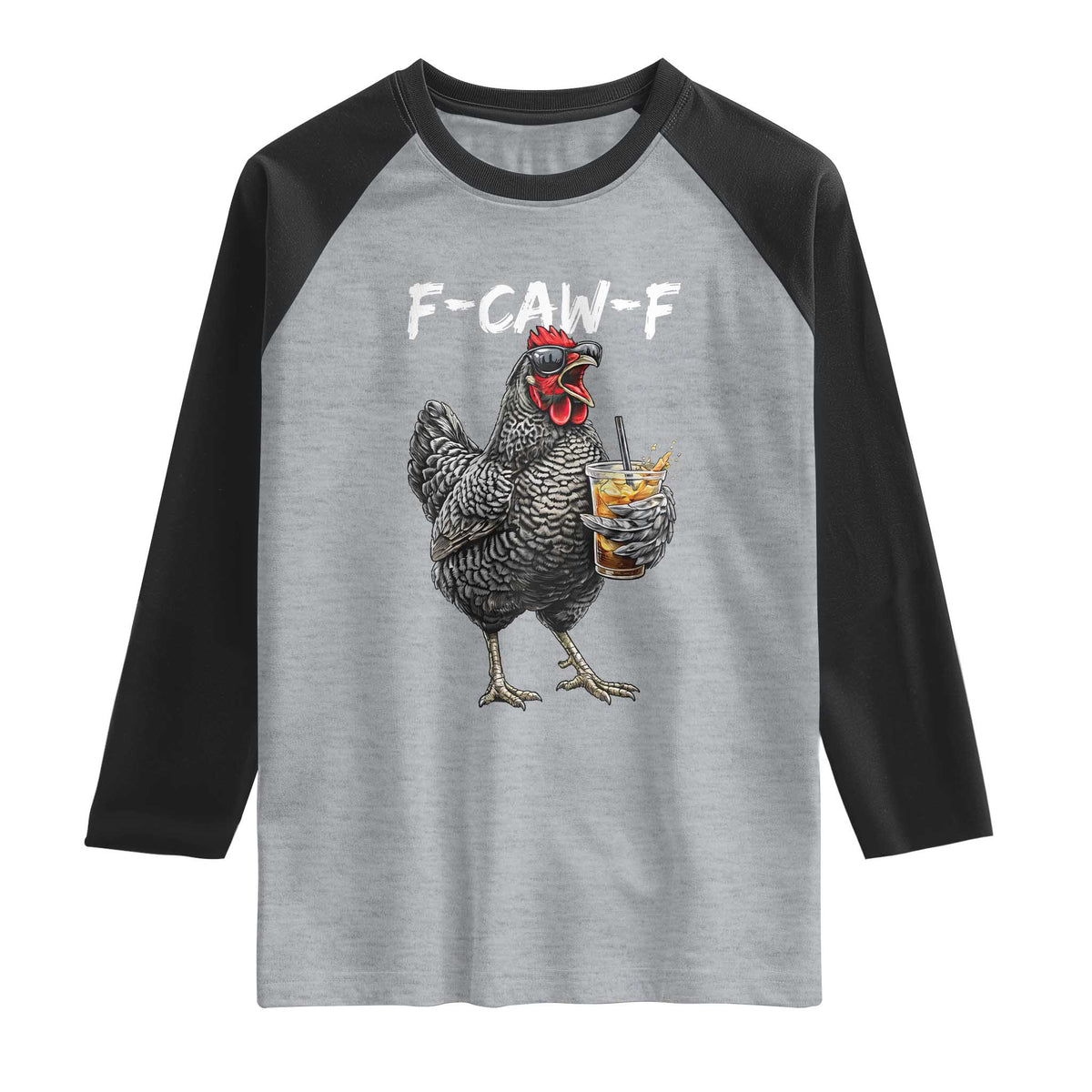 F-CAW-F Sarcastic Chicken Drinking Coffee Raglan Shirt Funny Morning Mood Grumpy Hen Iced Coffee Lover